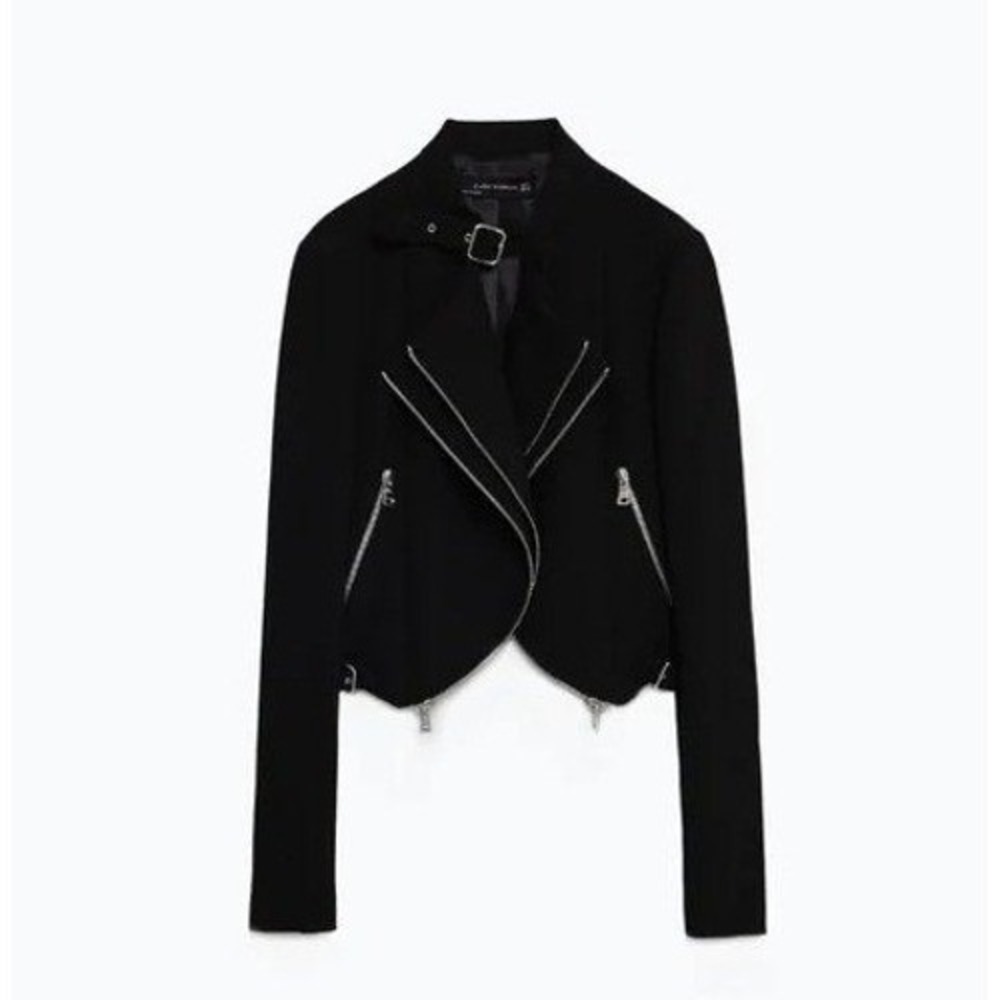 Zara Woman Black Cropped Asymmetric Moto Biker Jacket Edgy Zip XS knit